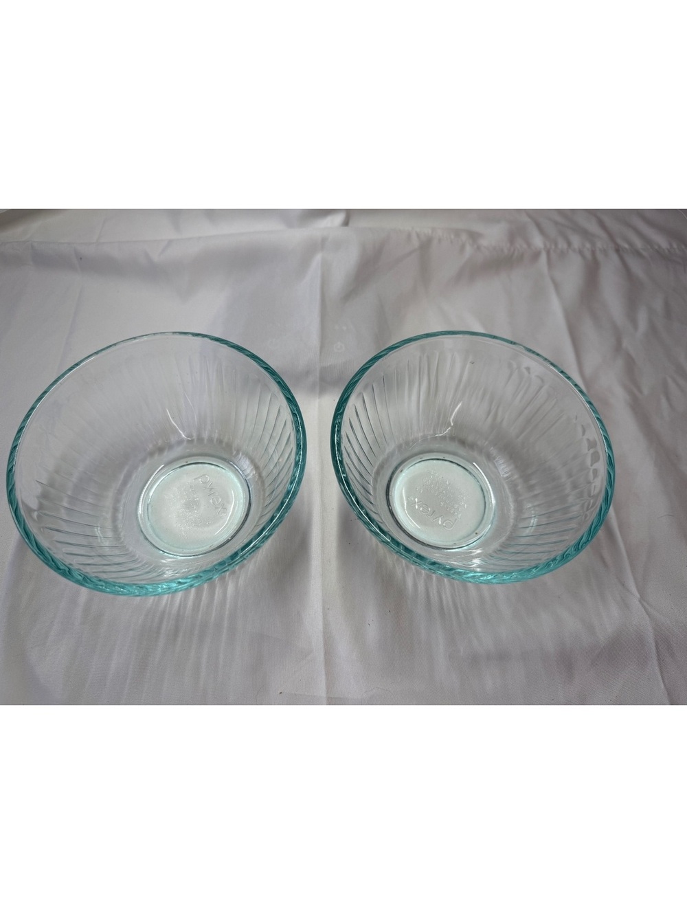 Set of 2 Vintage Pyrex 7401-S Sculptured Clear Aqua Tint 3 Cup Bowls USA